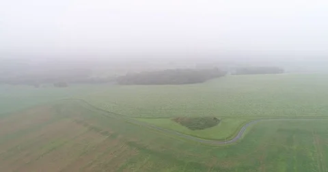 Panoramic View From Above On Meadows And Fields In Fog, European Nature Field Stock Footage 83102526