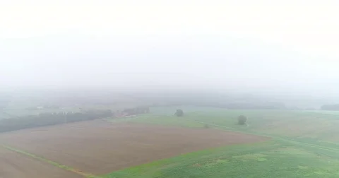 Panoramic View From Above On Meadows And Fields In Fog, European Nature Field Stock Footage 83102619