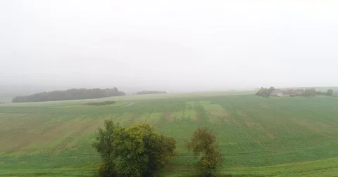 Panoramic View From Above On Meadows And Fields In Fog, village Stock Footage 83112651