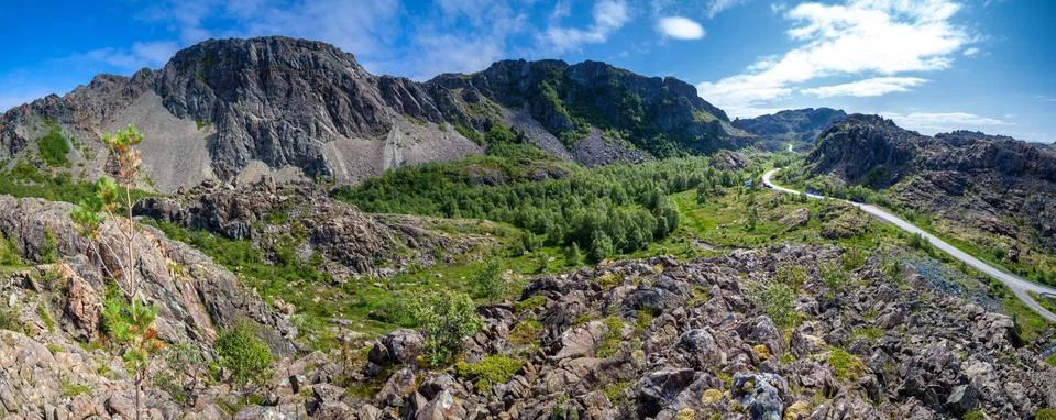 Panoramic view from above of the mountain range on the island of Leka and the Stock Photos