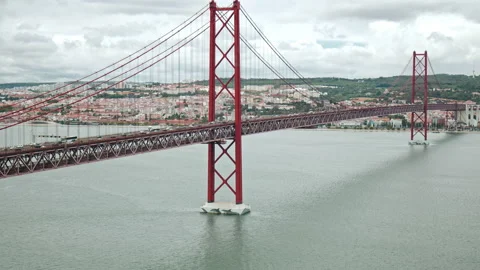 Panoramic view from above of Ponte 25 de Abril Bridge in Lisbon, Portugal. Stock Footage 169623877