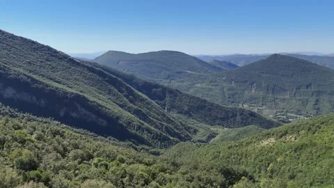 Panoramic view from above shows a dense wooded valley 動画素材 346289935
