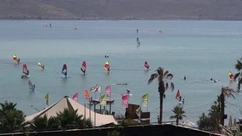 Panoramic view of Alacati is famous for  wind and kite surfing. Stock Footage 163356598