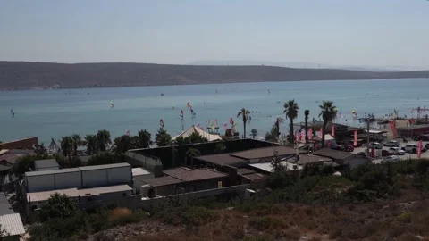 Panoramic view of Alacati is famous for wind and kite surfing. Stock Footage 163356606