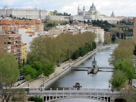 Panoramic view of Almudena Cathedral and Royal Palace in Madrid, Spain Stock Photos