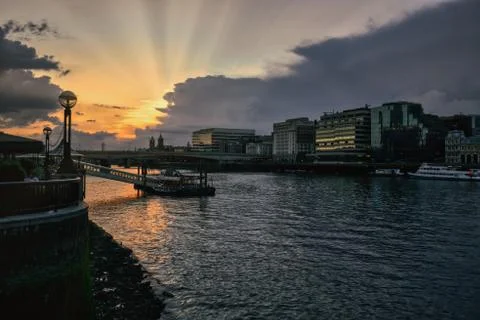 Panoramic view along the Thames river with a beautiful sunset, London Stock Photos