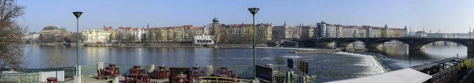 Panoramic view along Vltava river towards Smetanovo, embankment, Prague, Czec Stock Photos
