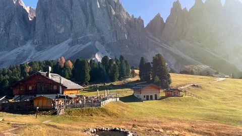 Panoramic view of Alpine meadow mountain Plateau in autumn. South Tyrol, Italy Video stock 342958428