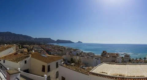 Panoramic view of Altea, Spain, showcasing white rooftops and coastline under a Stock Photos