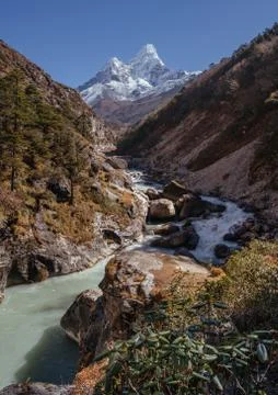 Panoramic view of Ama Dablam peak and himalayan river Stock Photos