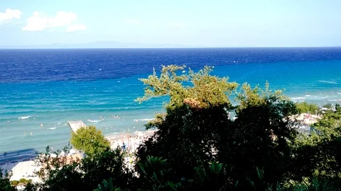 Panoramic view of amazing beach with trees around, Kalithea Halkidiki, Greece Stock Footage 114626501