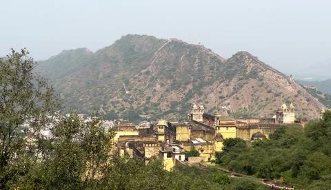 Panoramic view of Amber Fort complex set against the Aravalli hills near Ja.. Stock Photos