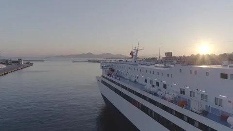 Panoramic view of an anchored ship at sunset,Piraeus-Greece, 18 June 2020 Video stock 264570758
