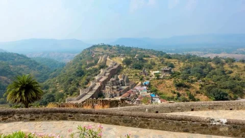 Panoramic View of Ancient Hilltop Fortress Walls and Surrounding Landscape Video stock 308635517
