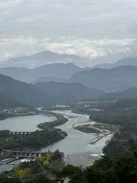 Panoramic View of Ancient Irrigation System and River Landscape in Dujiangyan Stock Photos