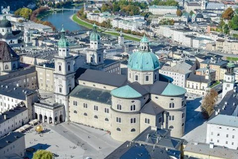 Panoramic view of ancient palace with blue dome in Salzburg Austria Stock Photos