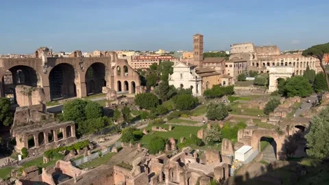 Panoramic view of ancient Roman architecture from Rome Forum Stock Footage 194824791