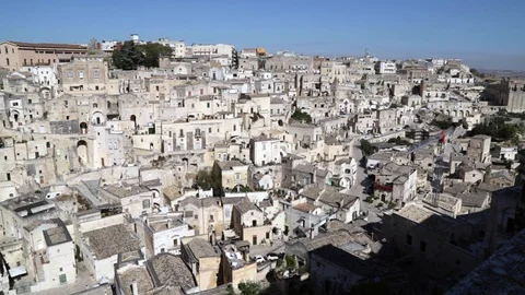 Panoramic view of the ancient Sassi district of Matera, Italy Stock Footage 119114633