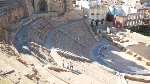 Panoramic View Of An Ancient Theater Ruins In A European City (Cartagena, Spain) Video stock 230095616