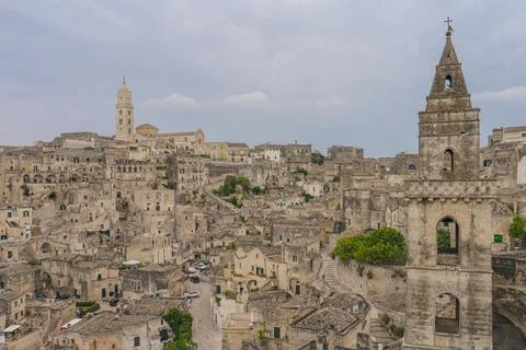 Panoramic view of the ancient town of Matera (Sassi) in Basilicata. Unesco site. Stock Photos