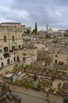 Panoramic view of the ancient town of Matera (Sassi) in Basilicata. Unesco site. Stock Photos