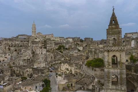 Panoramic view of the ancient town of Matera (Sassi) in Basilicata. Unesco site. Stock Photos