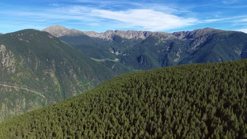 Panoramic view of Andorra's Pyrenees mountains with dense pine forests covering Stock Footage 342478961