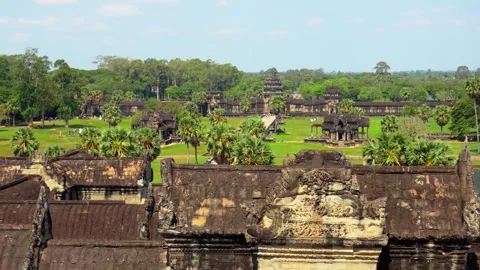 Panoramic View of Angkor Wat Temple Complex and Ancient Khmer Architecture Stock Footage 339324215