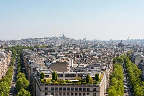 Panoramic View from Arc de Triomphe Notheast to Sacre Coeur Church, Paris Stock Photos