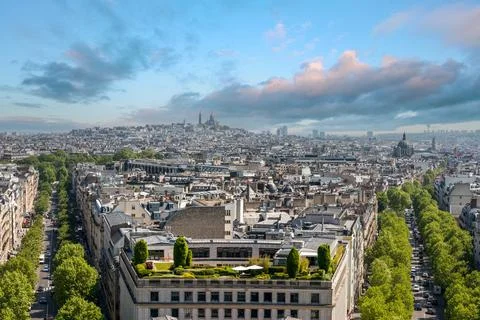 Panoramic View from Arc de Triomphe Notheast to Sacre Coeur Church, Paris Stock Photos