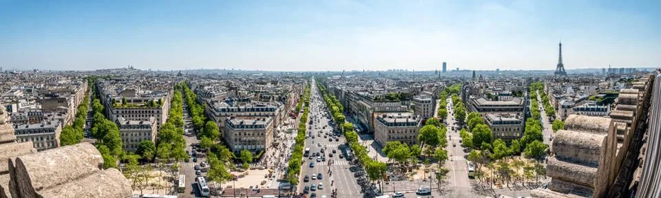 Panoramic View from Arc de Triomphe South East to Sacre Coeur, Louvre Pala... Stock Photos