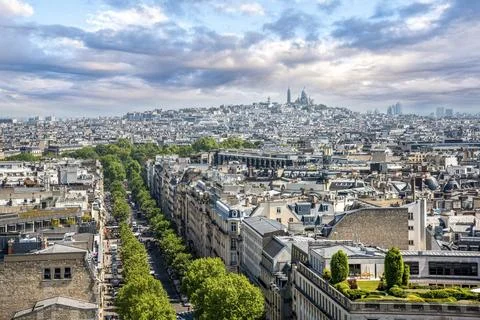 Panoramic View from Arc de Triomphe Notheast to Sacre Coeur Church, Paris, 스톡 사진