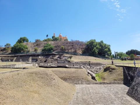 Panoramic view of the archaeological zone of Cholula and with the church Stock Photos