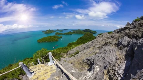 Panoramic View of Archipelago from Mountaintop Cliffside Pathway Stock-Footage 310379383