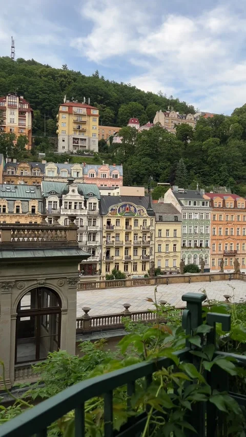 Panoramic view of architecture in center of Karlovy Vary in summer. Vertical Stock Footage 246972769