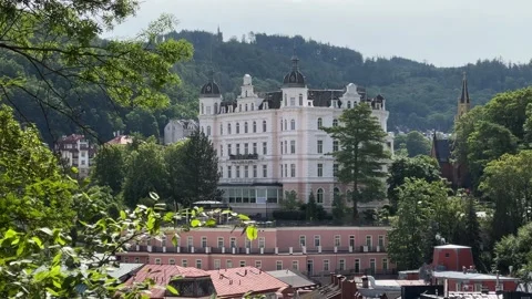 Panoramic view of architecture in Karlovy Vary, Czech Republic in summer Stock Footage 246972783