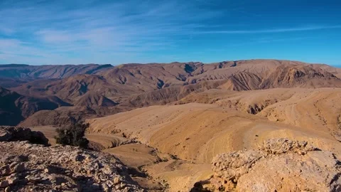Panoramic view of the arid, mountainous landscape and canyon in the Al Hajar Mou Stock Footage 318822528