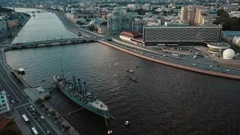 Panoramic view of armored cruiser Aurora historic old ship sightseeing Video stock 135971373