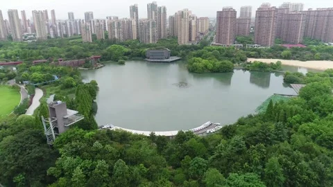Panoramic view around the center of Qingfeng Park -100m high spray for shooting. Stock Footage 248209814