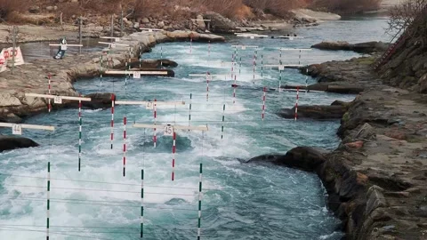 Panoramic view of an artificial whitewater river course for kayak training and Stock Footage 329301493