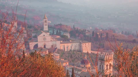 Panoramic view of Assisi at sunset Stock Footage 147027083