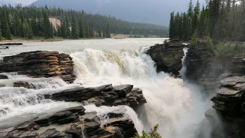 Panoramic view of Athabasca Falls on the Icefields Parkway in Alberta, Canada. Stock Footage 153162348