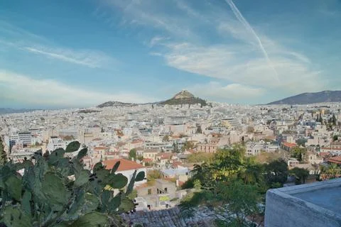 A panoramic view of Athens showcasing the sprawling cityscape and Mount Lyc.. Stock Photos