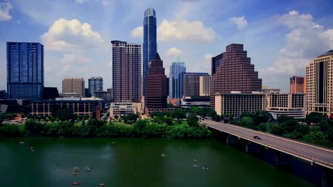 Panoramic View of Austin, Texas Skyline with River and Bridge Stock-Footage 311392883