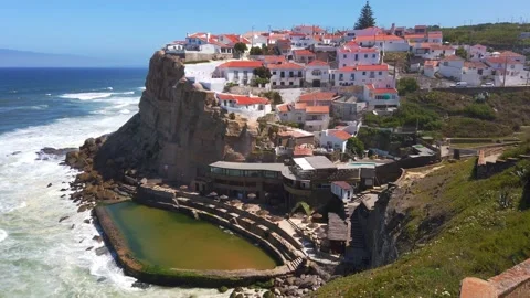 Panoramic View of Azenhas do Mar Beach in Sintra Portugal Stock Footage 155452043