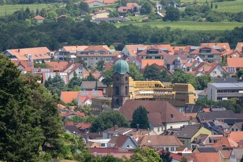 Panoramic View of Bad Drkheim Town With Historic Church Clock Tower and Red.. Stock Photos