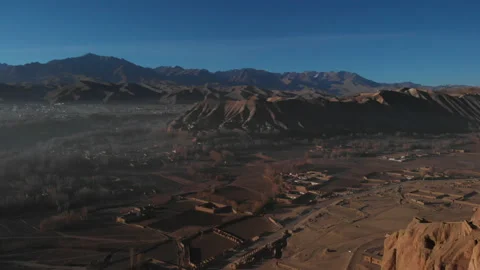 Panoramic View Of Bamyan In Central Afghanistan - aerial drone shot Stock Footage 154229999