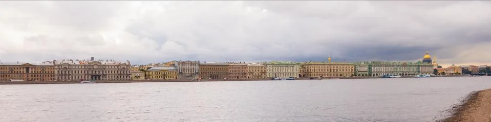 Panoramic view of the banks of the Neva River from the side of the Peter and  Stock Photos