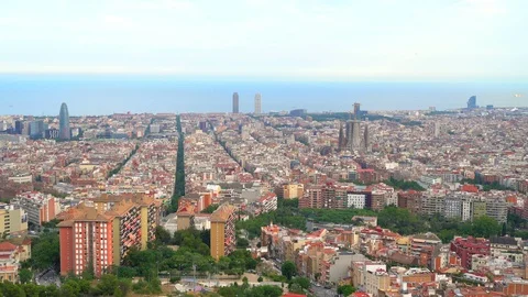 Panoramic view of Barcelona from the mountain. Vídeos de archivo 113117831
