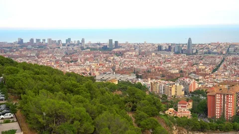 Panoramic view of Barcelona from the mountain. View of city center and sea Stock-Footage 113118044